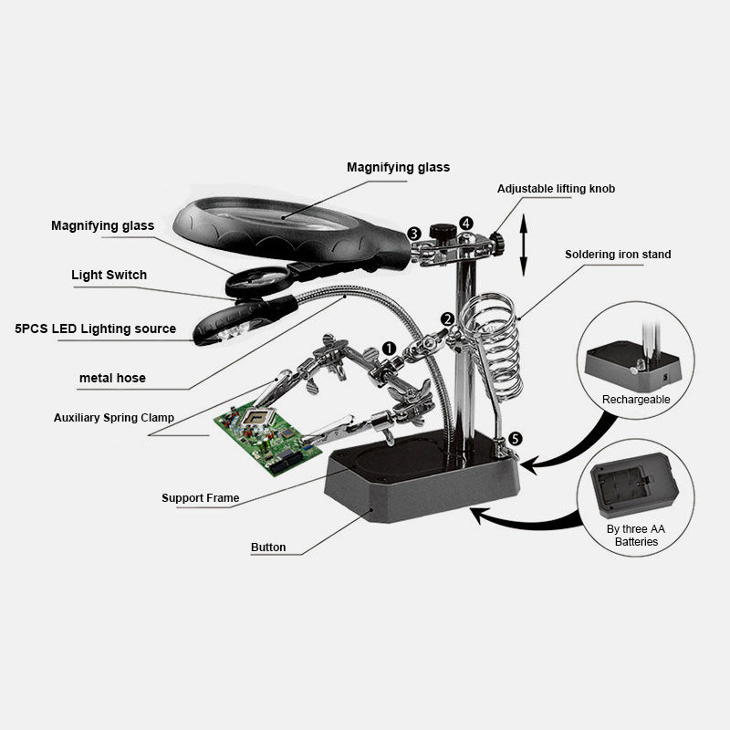 TE-800 5-LED Desktop Magnifying Glass with Soldering Stand and Clip