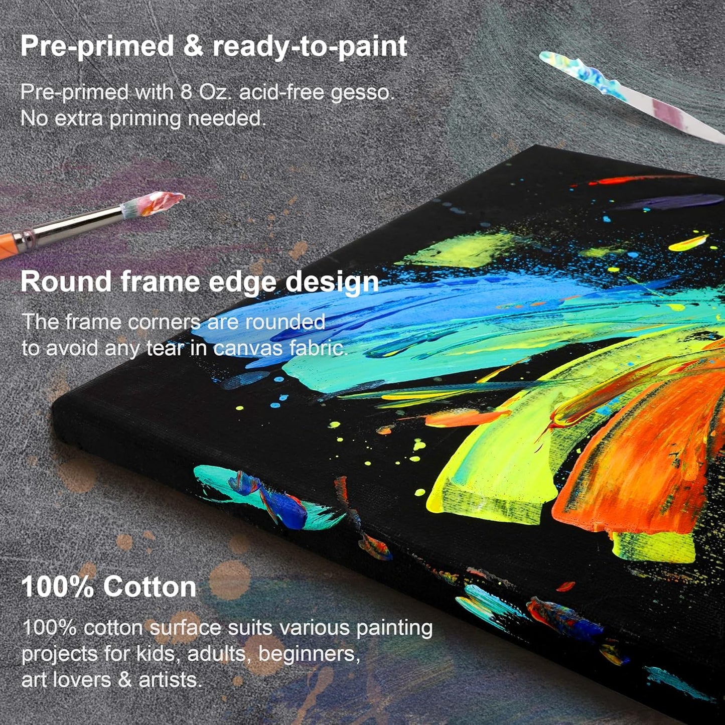 Black Canvas 4"/ 6"/ 8"/ 10"/ 12" Inches Stretched Canvas for Painting