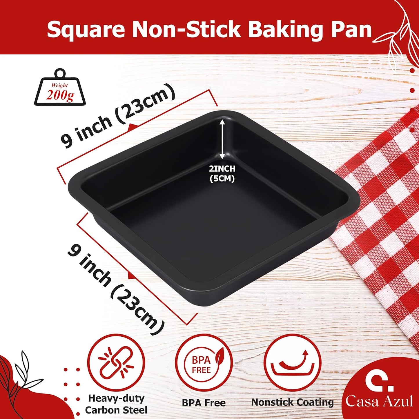 9x9 Inch Non-Stick Baking Pan - Square Cake, Pizza, Brownie, and Bread Mold