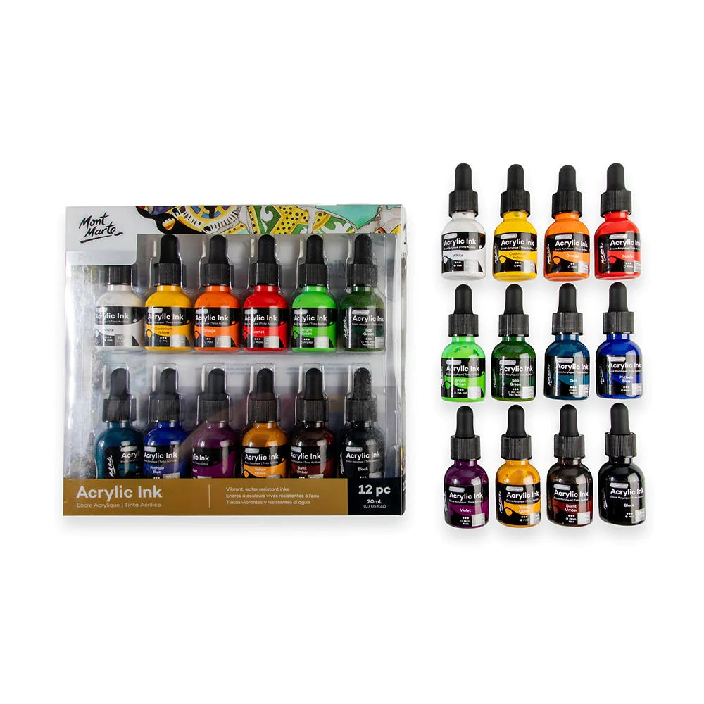 Mont Marte Acrylic Ink Premium 12pc Set (20ml) - Vibrant, High-Quality Inks for Artists