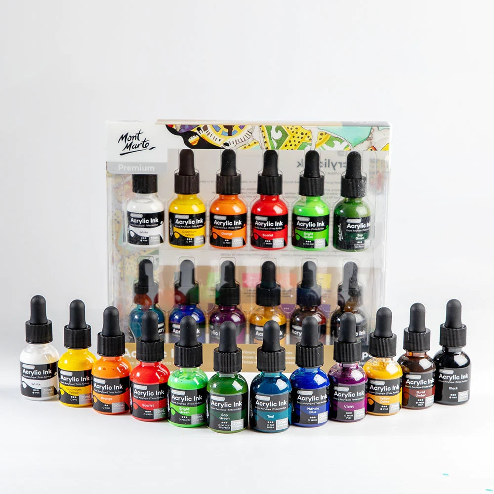 Mont Marte Acrylic Ink Premium 12pc Set (20ml) - Vibrant, High-Quality Inks for Artists