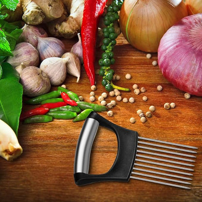 Stainless Steel Onion Holder Slicer - Easy and Safe Vegetable, Meat, and Tomato Cutter