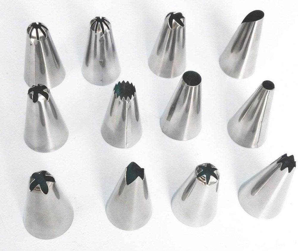 12 Pcs Cake Decorating Nozzles Set - Steel Tips with Washable Icing Bag for Cake and Cupcake Decoration