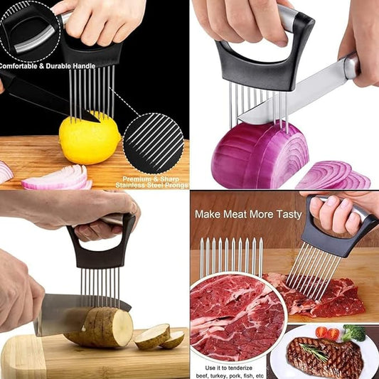 Stainless Steel Onion Holder Slicer - Easy and Safe Vegetable, Meat, and Tomato Cutter