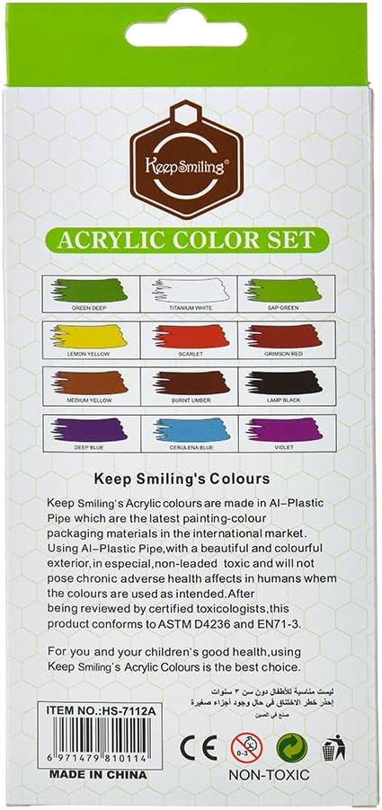 Pack of 12 Acrylic Paints/Colors - 6ml Each Tube -Keep Smiling