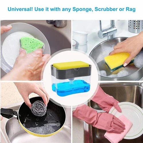 2-in-1 Soap Dispenser Sponge Caddy - Manual Press Liquid Soap Pump for Kitchen - Empty Dispenser with Sponge Holder