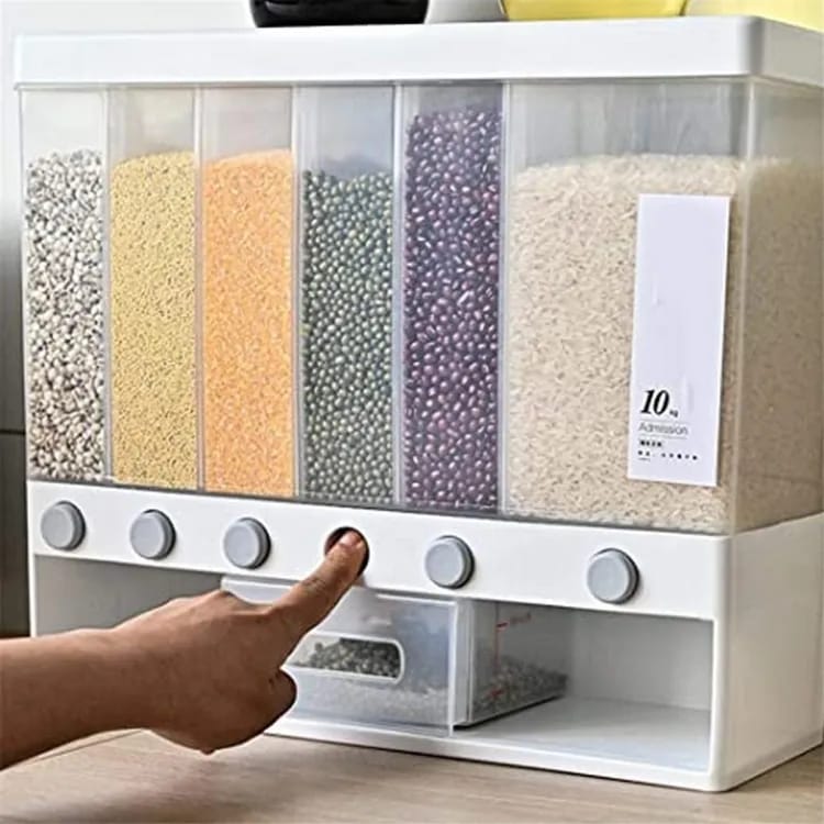 Wall Mounted Cereal Food Dispenser with 6 Sections - Space Saving Storage for Cereal, Rice, Nuts, Snacks & More