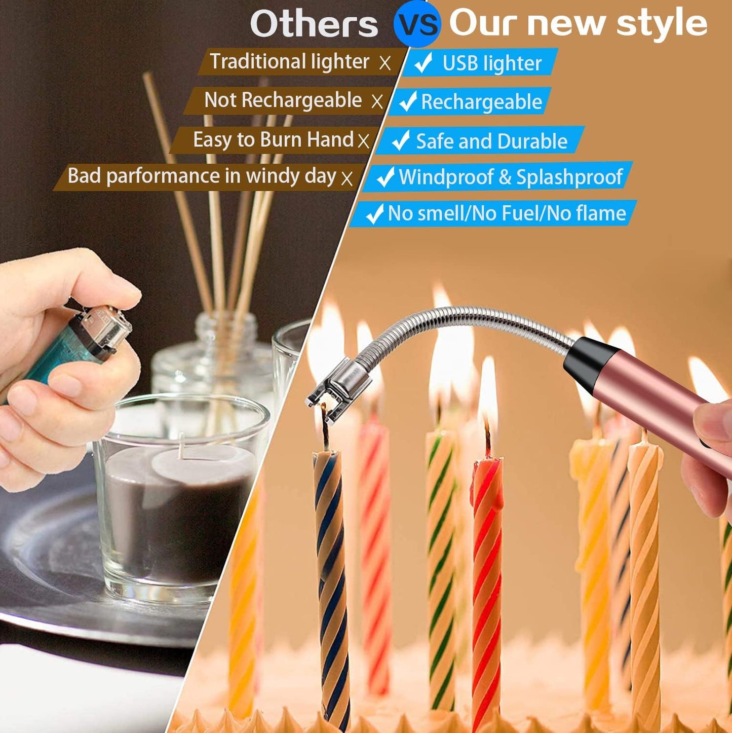 Rechargeable USB Electric Lighter - 360° Flexible Long Neck, Flame less & Windproof for Kitchen, BBQ, and Outdoor Use