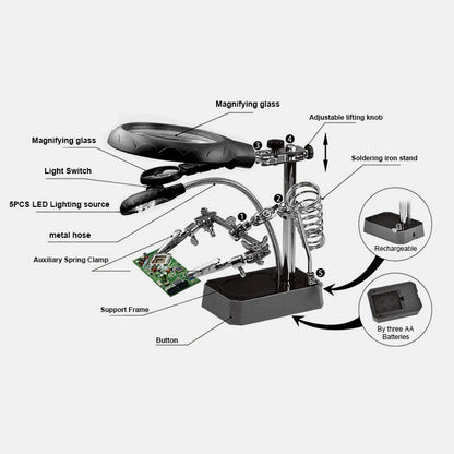 TE-800 5-LED Desktop Magnifying Glass with Soldering Stand and Clip