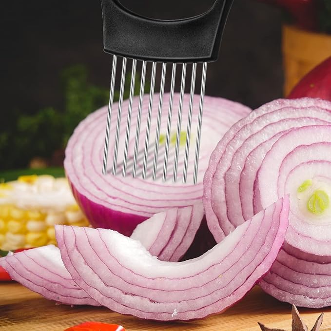 Stainless Steel Onion Holder Slicer - Easy and Safe Vegetable, Meat, and Tomato Cutter
