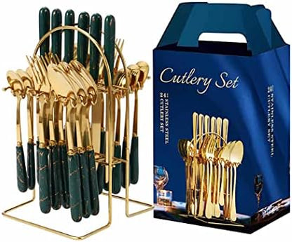 24-Piece Stainless Steel Cutlery Set with Stand – Fork, Spoon, Knife, and Teaspoon for 6 Persons