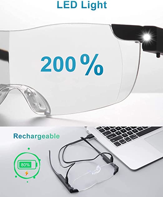 Lighted Magnifying Glass Set, 200% Magnification, LED Light, USB Rechargeable, Hands-Free Eyeglass