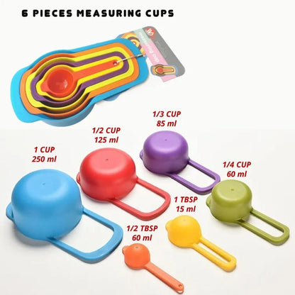 Pack of 6 Rainbow Measuring Cups and Spoons Set - High Quality Plastic Measuring Tools for Cooking and Baking - Measurements in Grams and Milliliters