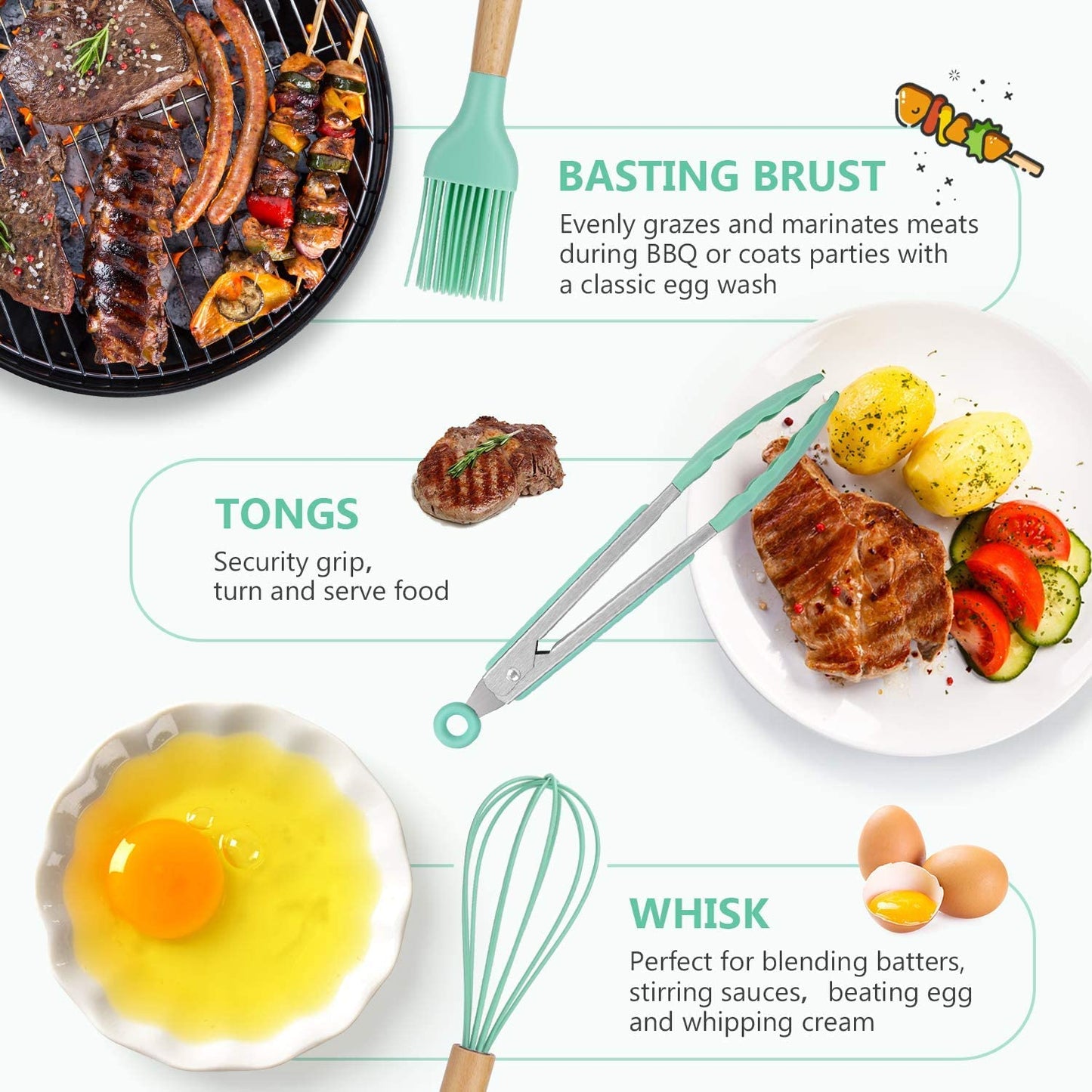 12 Pcs Silicone Cooking Utensils Set - Heat Resistant, Non-Toxic BPA-Free Kitchen Tools with Wooden Handles for Nonstick Cookware