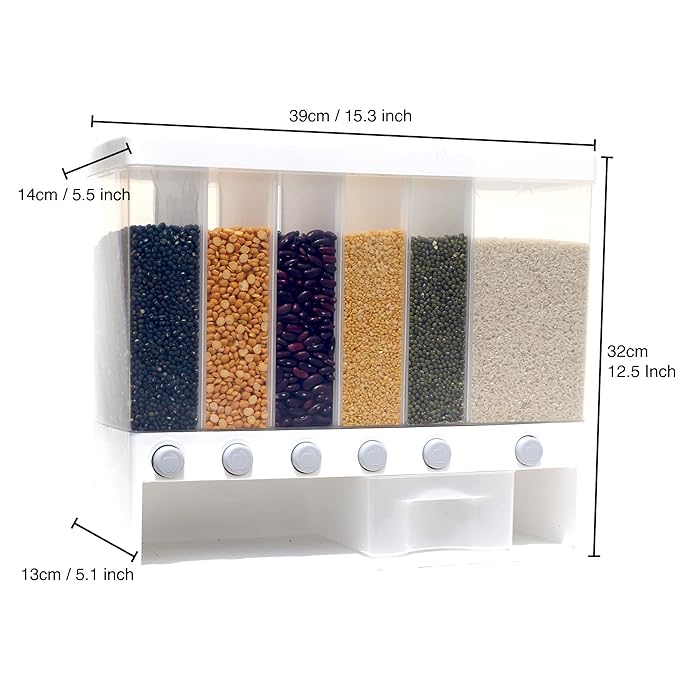 Wall Mounted Cereal Food Dispenser with 6 Sections - Space Saving Storage for Cereal, Rice, Nuts, Snacks & More