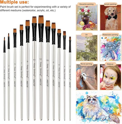 Pack Of 12 Flat Tip Artist Paint Brushes