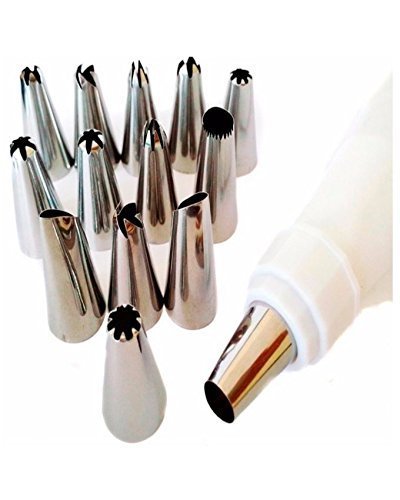 12 Pcs Cake Decorating Nozzles Set - Steel Tips with Washable Icing Bag for Cake and Cupcake Decoration