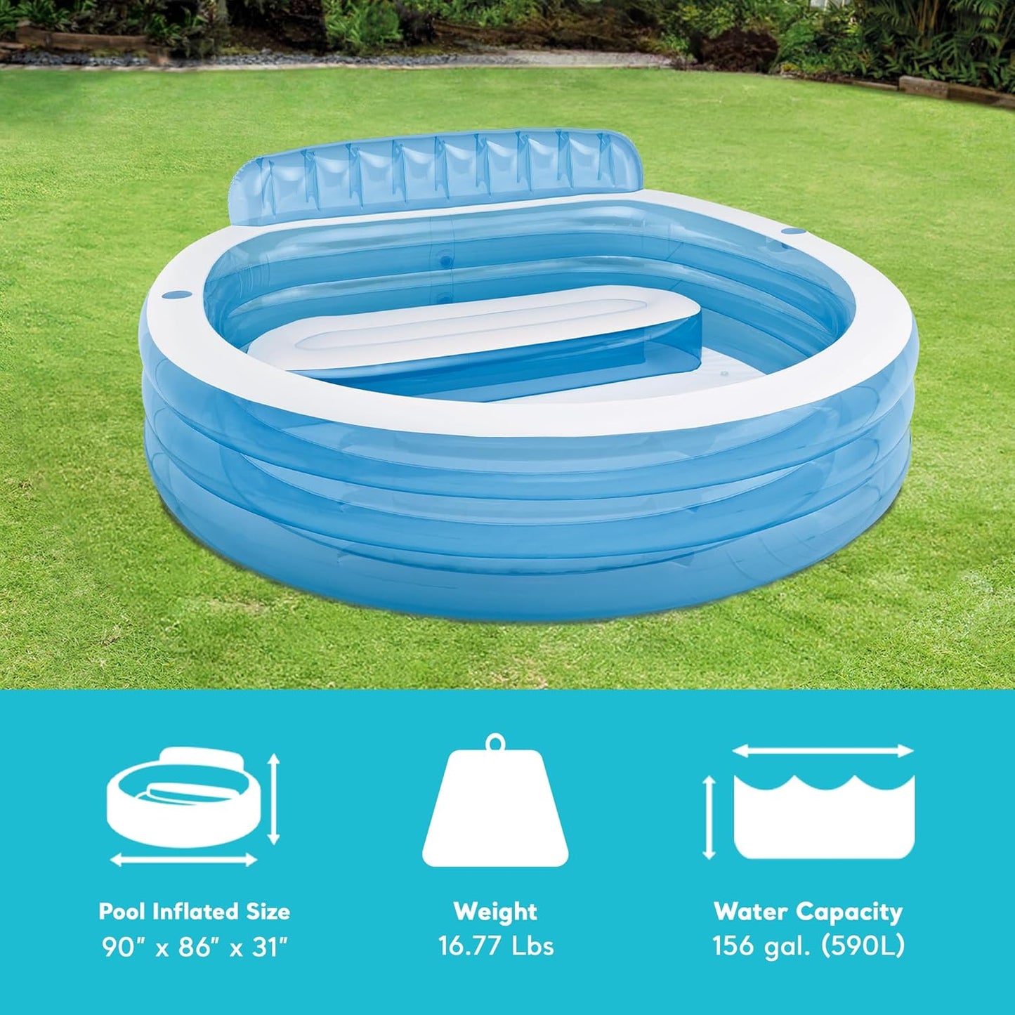 Intex 57190 - 90" x 86" x 31" Inflatable Family Lounge Pool with Built-in Bench & Cup Holder