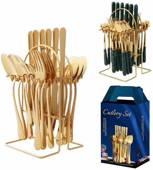 24-Piece Stainless Steel Cutlery Set with Stand – Fork, Spoon, Knife, and Teaspoon for 6 Persons