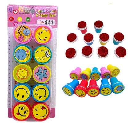 Set of 10 Cartoon Smiling Face Self-Ink Appreciation Stamps for Positive Reinforcement