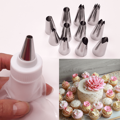 12 Pcs Cake Decorating Nozzles Set - Steel Tips with Washable Icing Bag for Cake and Cupcake Decoration