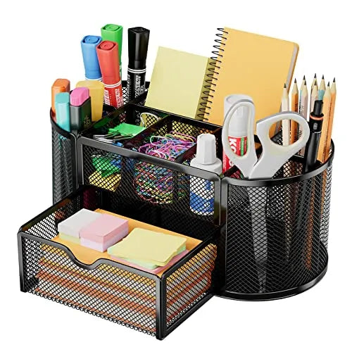 9-Compartment Desk Organizer with Drawer – Mesh Metal Steel Pen Stand/Holder for Stationery – Black