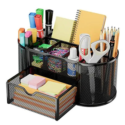 9-Compartment Desk Organizer with Drawer – Mesh Metal Steel Pen Stand/Holder for Stationery – Black