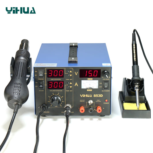YIHUA 853D 2A 3-in-1 Hot Air Gun, Soldering Iron, and Power Supply Rework Station