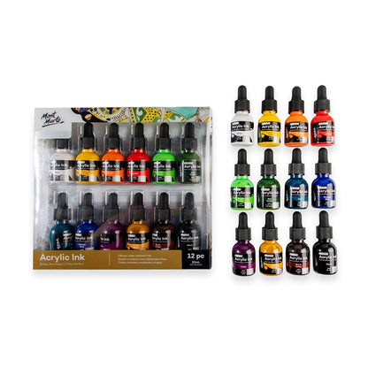 Mont Marte Acrylic Ink Premium 12pc Set (20ml) - Vibrant, High-Quality Inks for Artists