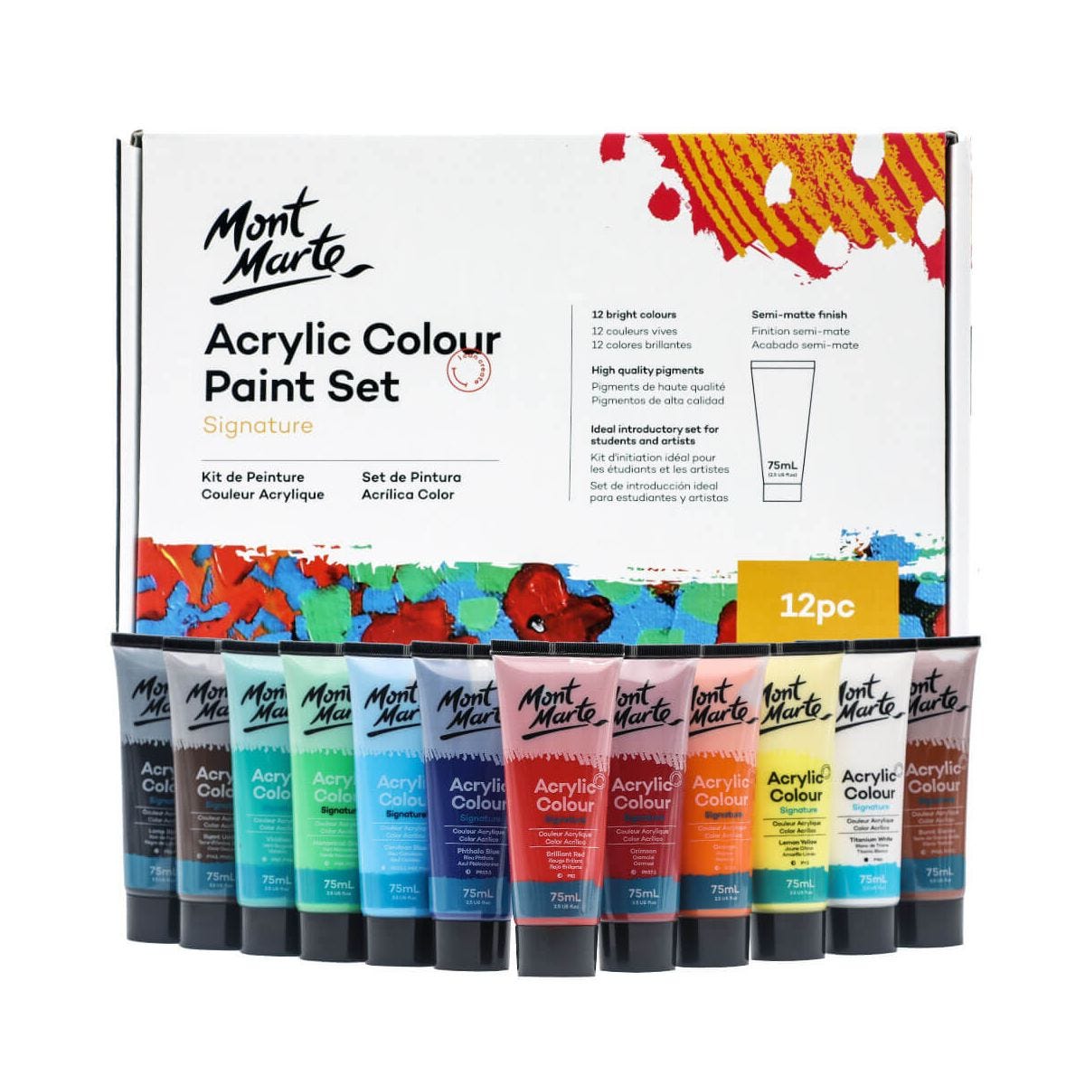 Mont Marte Signature Acrylic Paint Set 6, 12 & 24 Colors (75ml Each) with Semi-Matte Finish, Ideal for Canvas, Paper, Wood & More