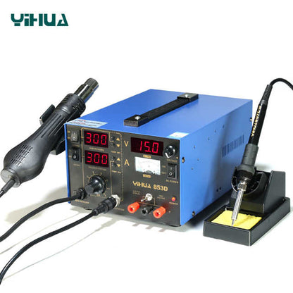 YIHUA 853D 2A 3-in-1 Hot Air Gun, Soldering Iron, and Power Supply Rework Station