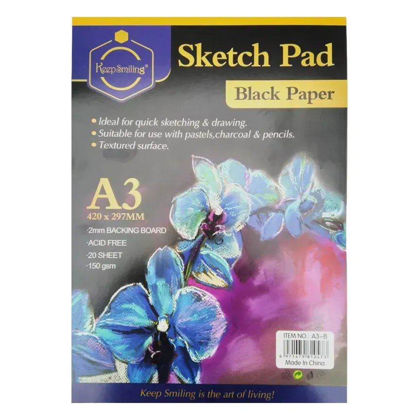 Keep Smiling Black Paper Sketch Pad for Artists – 20 Sheets, 150GSM, A3 Size