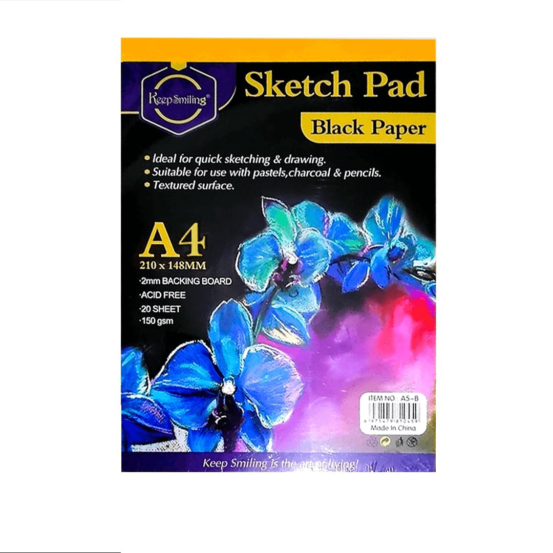 Keep Smiling Black Paper Sketch Pad for Artists – 20 Sheets, 150GSM, A4 Size