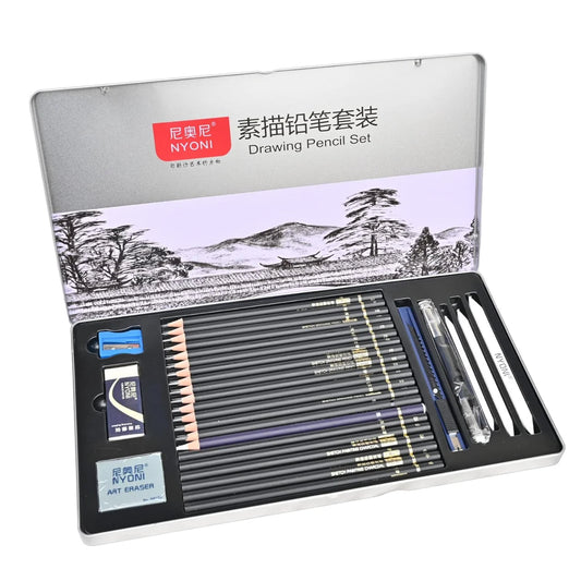 NYONI Sketching Pencils Set – 29-Piece Drawing Kit with Graphite, Charcoal Pencils, Blending Stumps & Tools in Metal Box