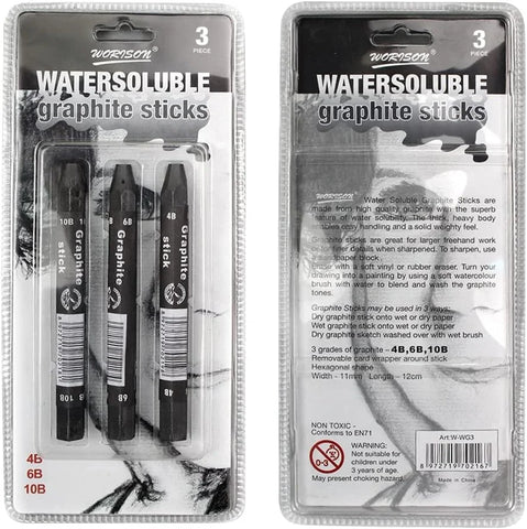 Worison Watersoluble Graphite Sticks (Pack of 3) – Perfect for Sketching, Shading, and Watercolor Effects