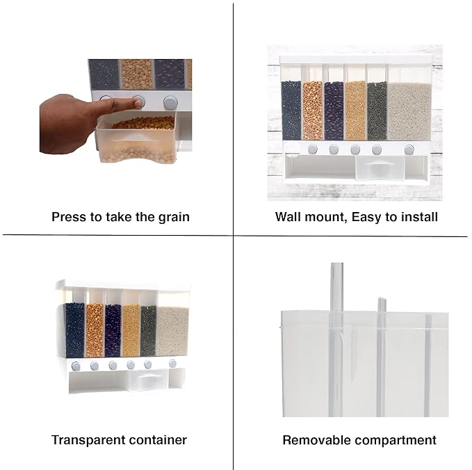 Wall Mounted Cereal Food Dispenser with 6 Sections - Space Saving Storage for Cereal, Rice, Nuts, Snacks & More