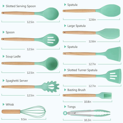 12 Pcs Silicone Cooking Utensils Set - Heat Resistant, Non-Toxic BPA-Free Kitchen Tools with Wooden Handles for Nonstick Cookware