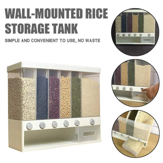 Wall Mounted Cereal Food Dispenser with 6 Sections - Space Saving Storage for Cereal, Rice, Nuts, Snacks & More