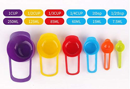 Pack of 6 Rainbow Measuring Cups and Spoons Set - High Quality Plastic Measuring Tools for Cooking and Baking - Measurements in Grams and Milliliters