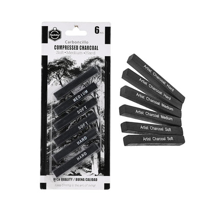 Pack of 6 Compress Charcoal Sticks – Soft, Medium, Hard, Shading       You said: write a