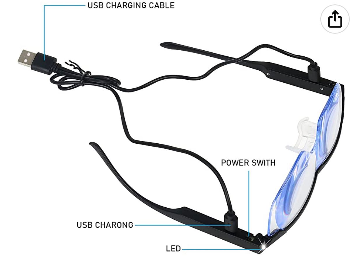Lighted Magnifying Glass Set, 200% Magnification, LED Light, USB Rechargeable, Hands-Free Eyeglass