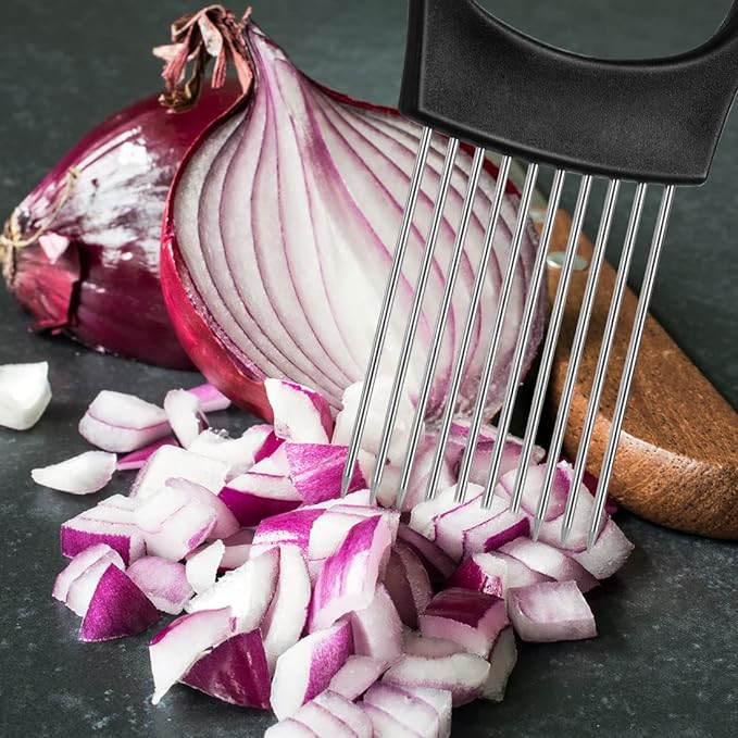 Stainless Steel Onion Holder Slicer - Easy and Safe Vegetable, Meat, and Tomato Cutter