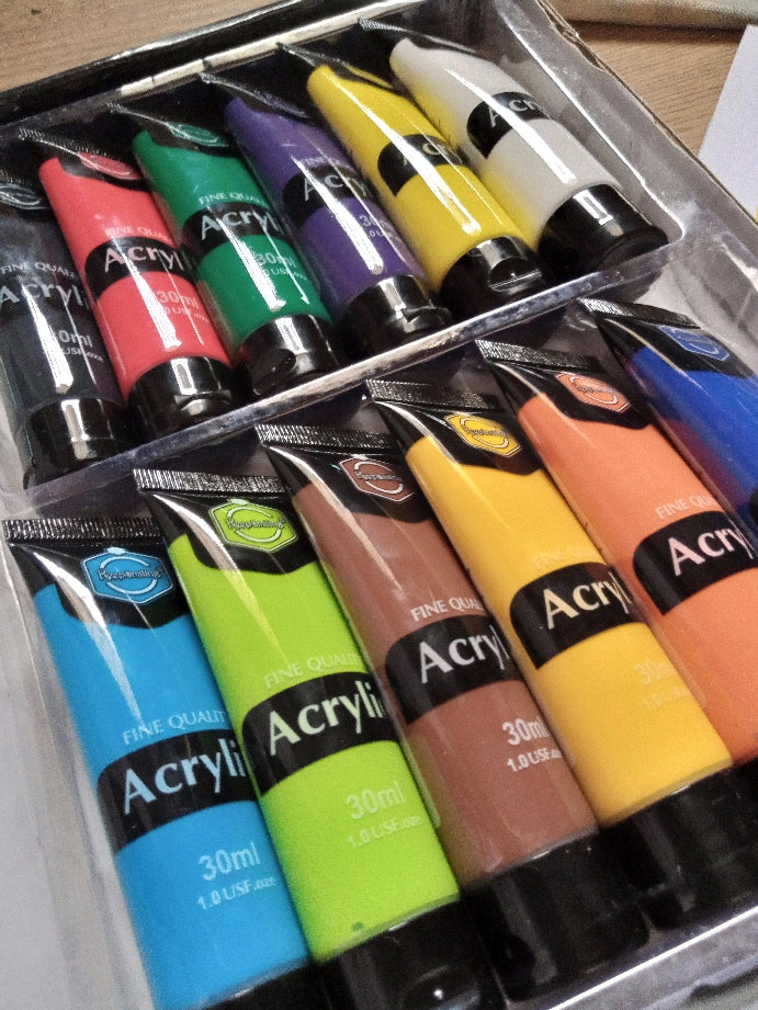 12 Pcs Acrylic Colour Paints - 30ml Each Tube