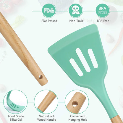 12 Pcs Silicone Cooking Utensils Set - Heat Resistant, Non-Toxic BPA-Free Kitchen Tools with Wooden Handles for Nonstick Cookware