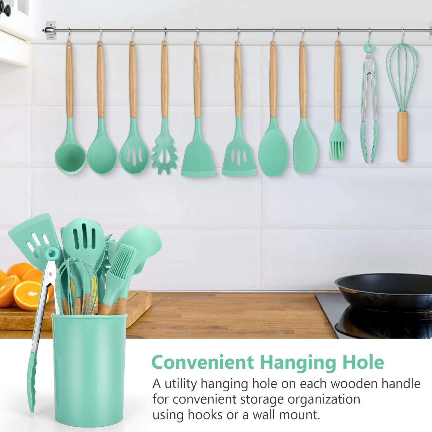 12 Pcs Silicone Cooking Utensils Set - Heat Resistant, Non-Toxic BPA-Free Kitchen Tools with Wooden Handles for Nonstick Cookware