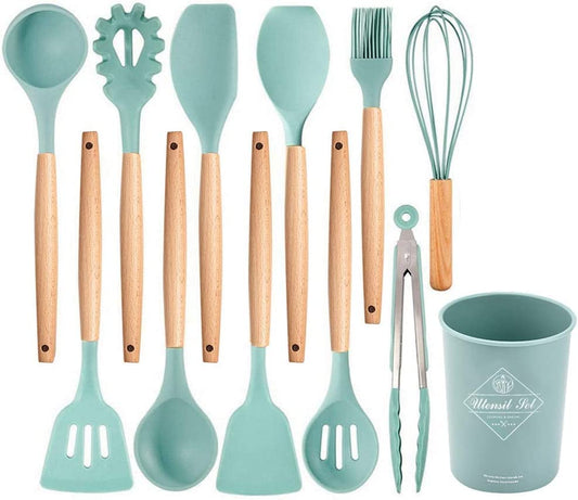 12 Pcs Silicone Cooking Utensils Set - Heat Resistant, Non-Toxic BPA-Free Kitchen Tools with Wooden Handles for Nonstick Cookware