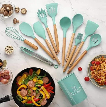 12 Pcs Silicone Cooking Utensils Set - Heat Resistant, Non-Toxic BPA-Free Kitchen Tools with Wooden Handles for Nonstick Cookware
