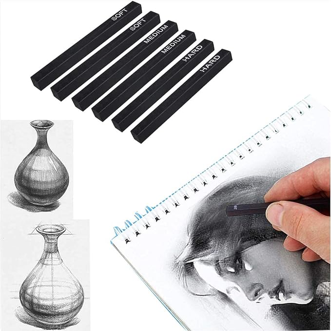 Pack of 6 Compress Charcoal Sticks – Soft, Medium, Hard, Shading       You said: write a