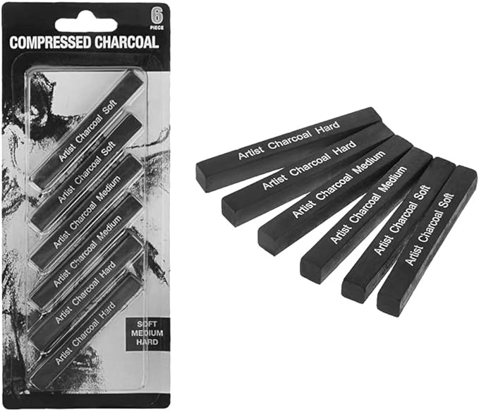 Pack of 6 Compress Charcoal Sticks – Soft, Medium, Hard, Shading       You said: write a