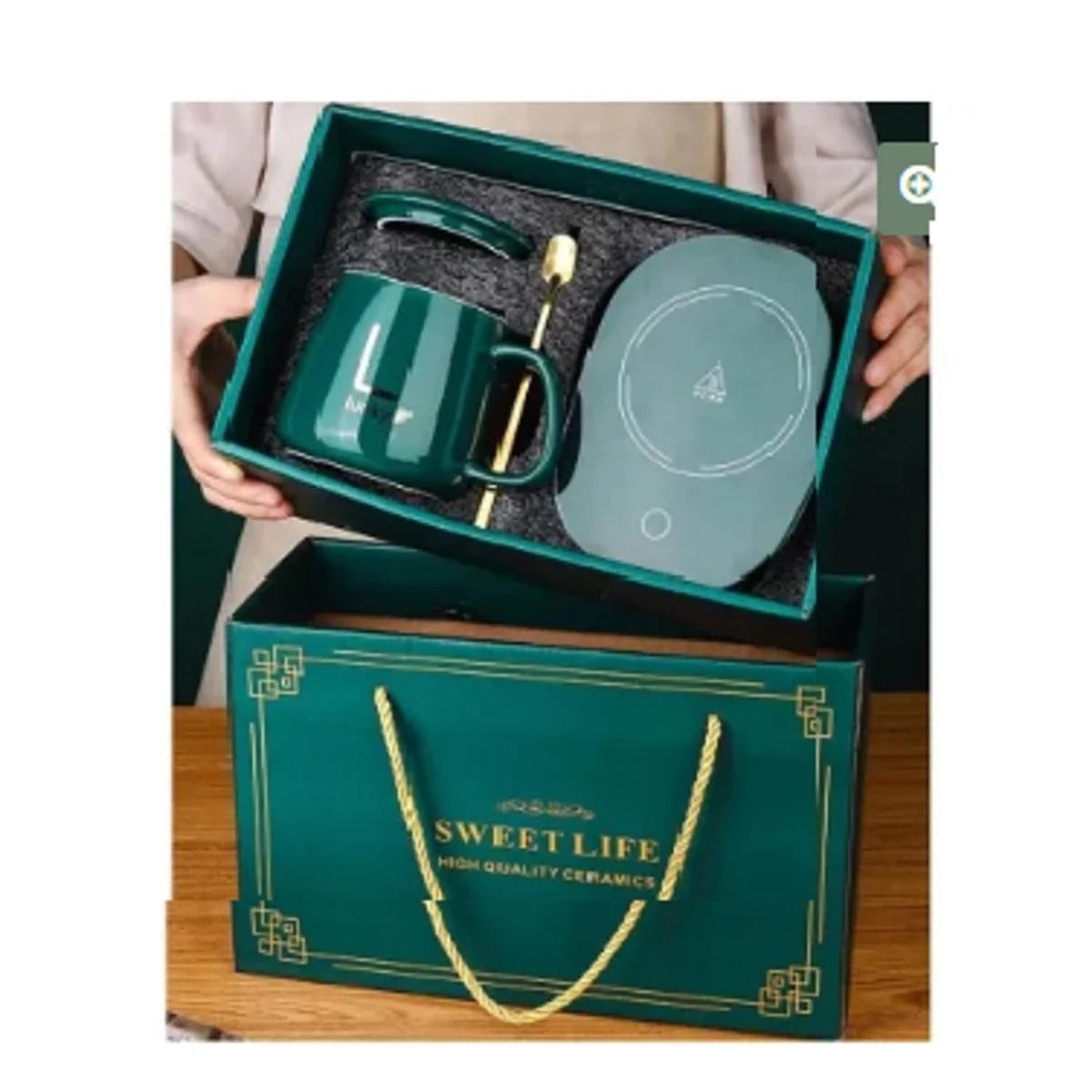 Portable Electric Coffee Cup Warmer Set – 55°C Thermostatic Heating Mug Pad with Ceramic Cup & Spoon, Gift Box Package